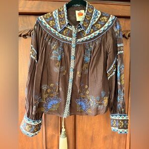 FARM Rio Brown Button-Down Floral Embroidered Peasant Top with Blue Accents